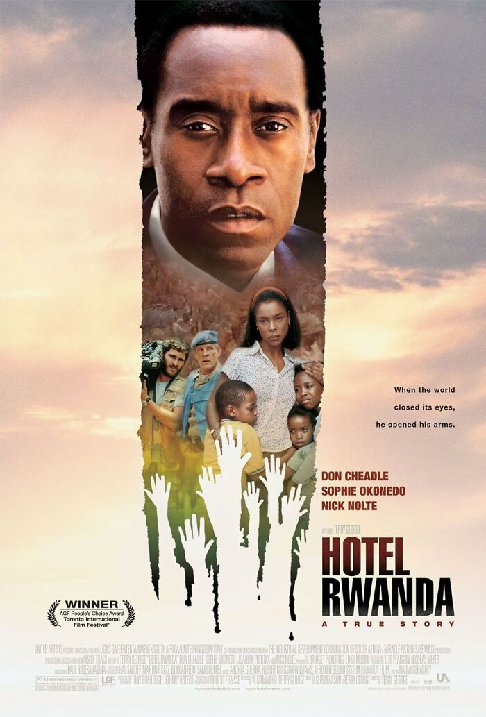 Movie poster for "Hotel Rwanda" featuring the main actor with scenes depicting the film’s dramatic themes.