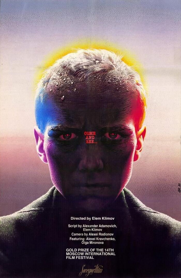 Movie poster featuring a boy with intense eyes, showcasing "Come and See" film.