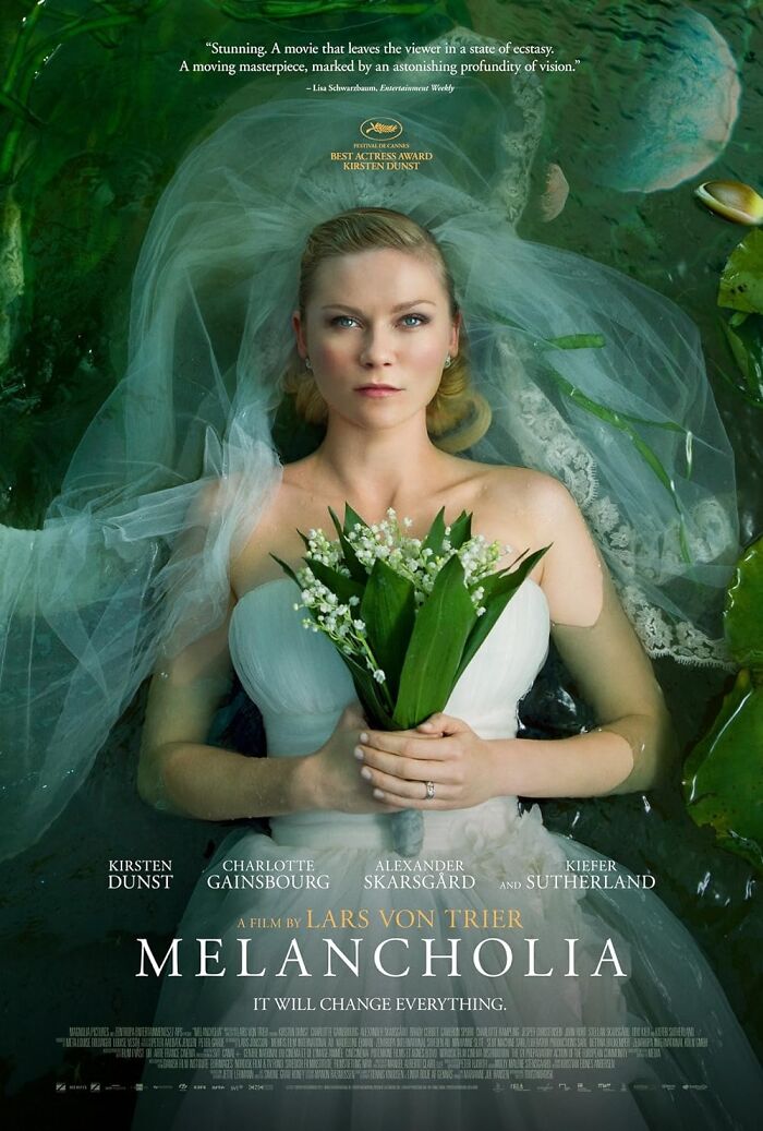 "Melancholia movie poster with a woman in a wedding dress holding flowers, lying in water."