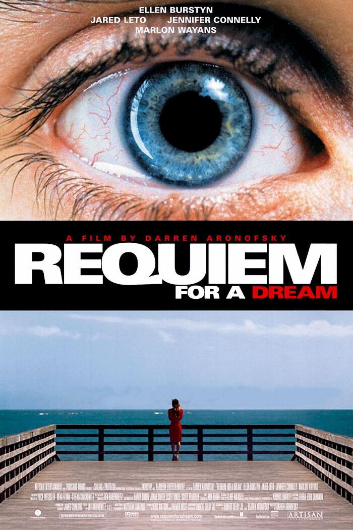 Poster of "Requiem for a Dream" featuring a close-up eye and a person in red on a pier, highlighting unforgettable movies.