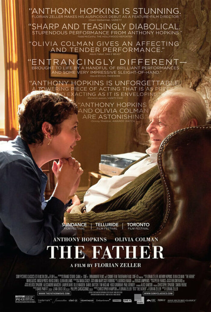 "Movie poster for 'The Father' showing two characters in an emotional scene.