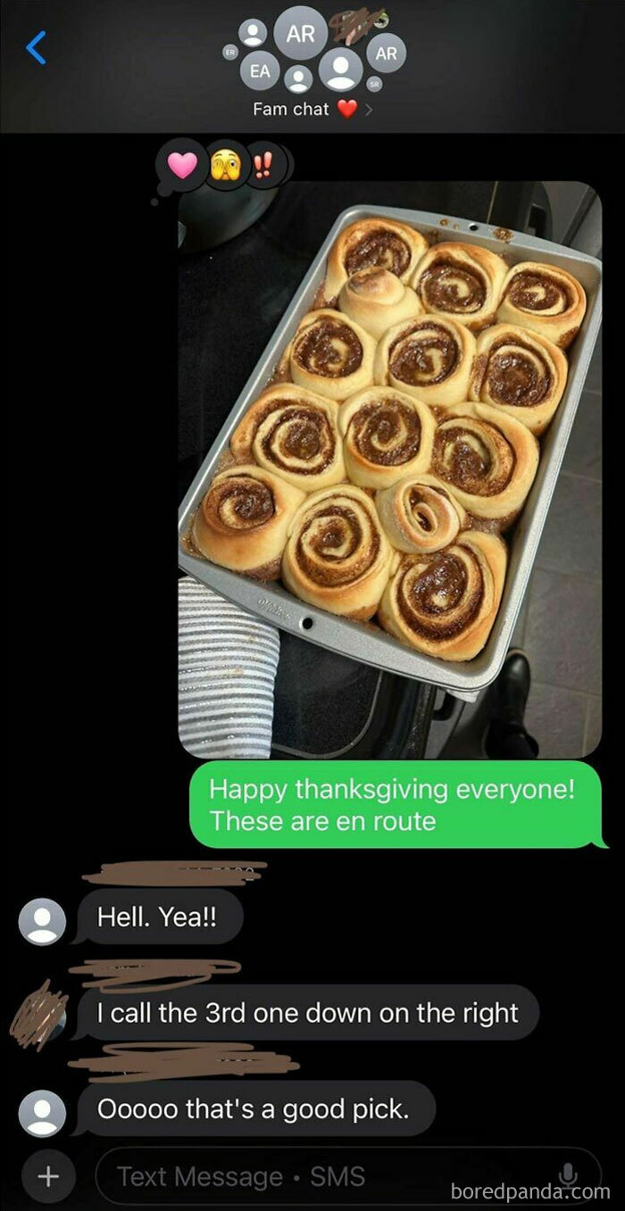 Family group chat sharing baked cinnamon rolls; a fun conversation about picking the best rolls.