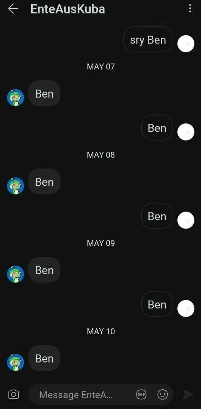 Chat screenshot showing repeated messages saying "Ben" from May 7 to May 10. Best texts of 2024.