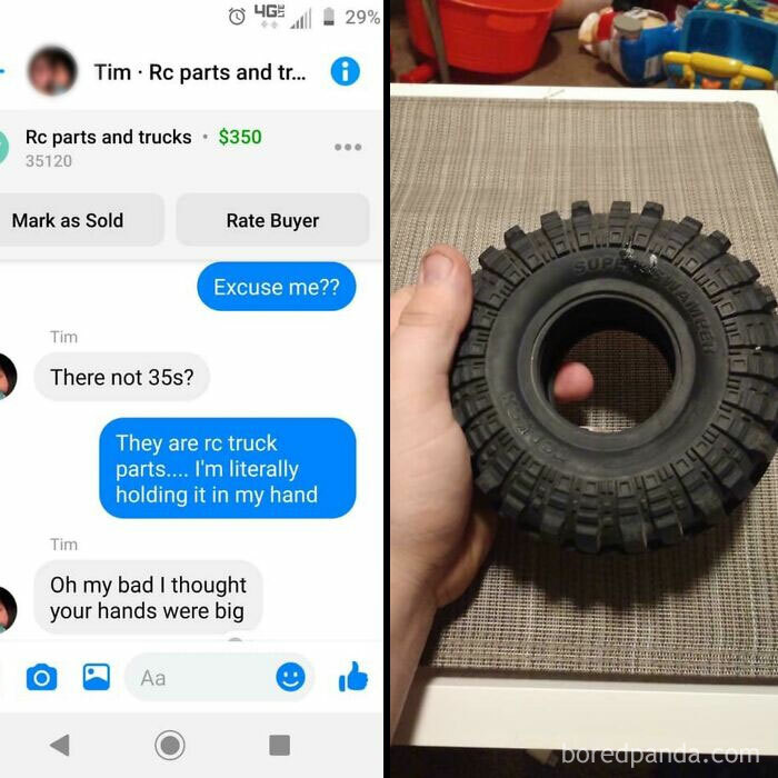 Text exchange about RC truck parts alongside an image of a small RC tire being held in hand. Best-Texts-Of-2024.