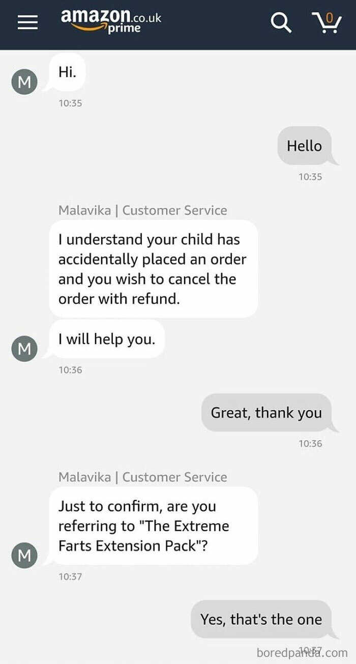Amazon chat about accidental order of "Extreme Farts Extension Pack," highlighting a humorous customer service interaction.