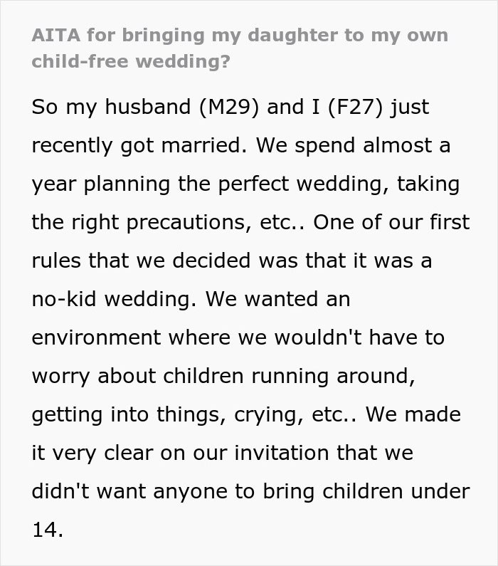 Text discusses a bride bringing her 11-month-old to her own child-free wedding.