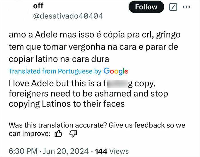 Tweet criticizing Adele song for plagiarism claim, urging foreigners to stop copying Latino culture.