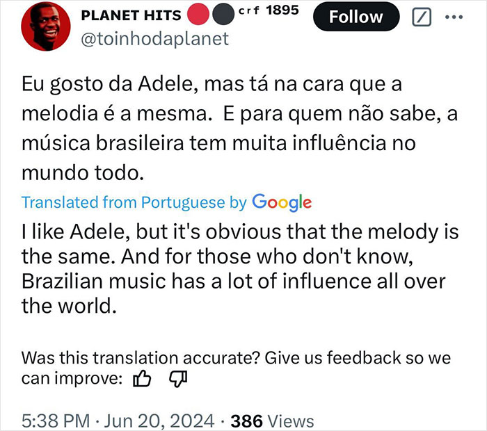 A tweet claims Adele\'s song has plagiarism issues, asserting Brazilian music influence globally.