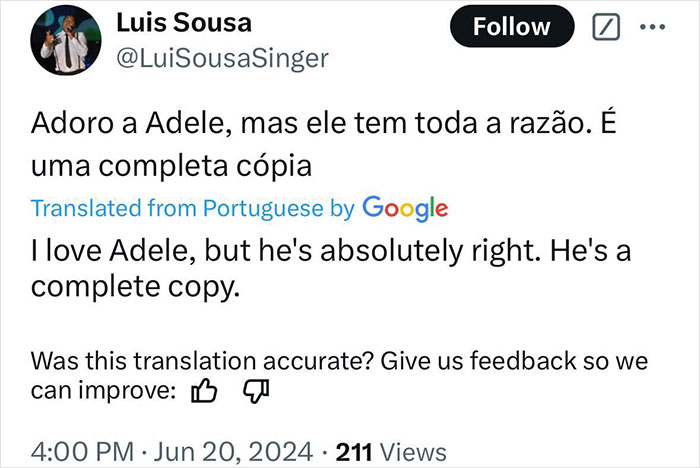 Tweet discussing Adele song plagiarism claim, featuring user opinion on the matter.