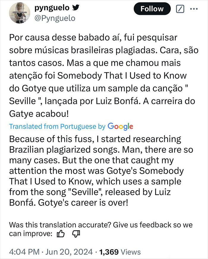 Tweet discussing Adele song plagiarism claim and global withdrawal ordered by Brazilian judge.