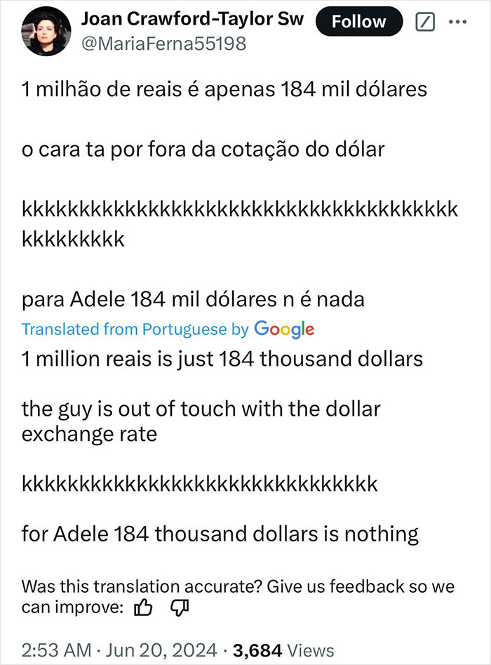 Tweet comments on exchange rate and Adele song plagiarism ruling in Brazil.