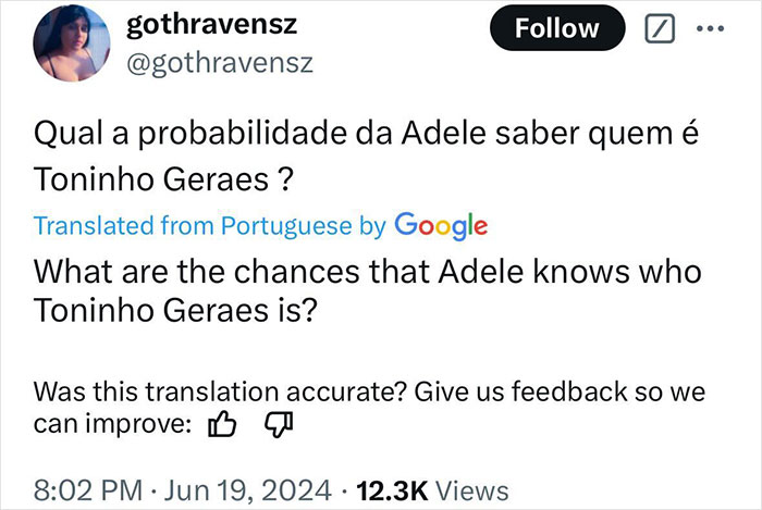 Tweet questioning Adele\'s awareness of Toninho Geraes amid plagiarism claim. Translation provided.