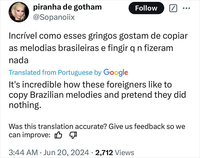 Tweet criticizing plagiarism, discussing foreign copies of Brazilian melodies.