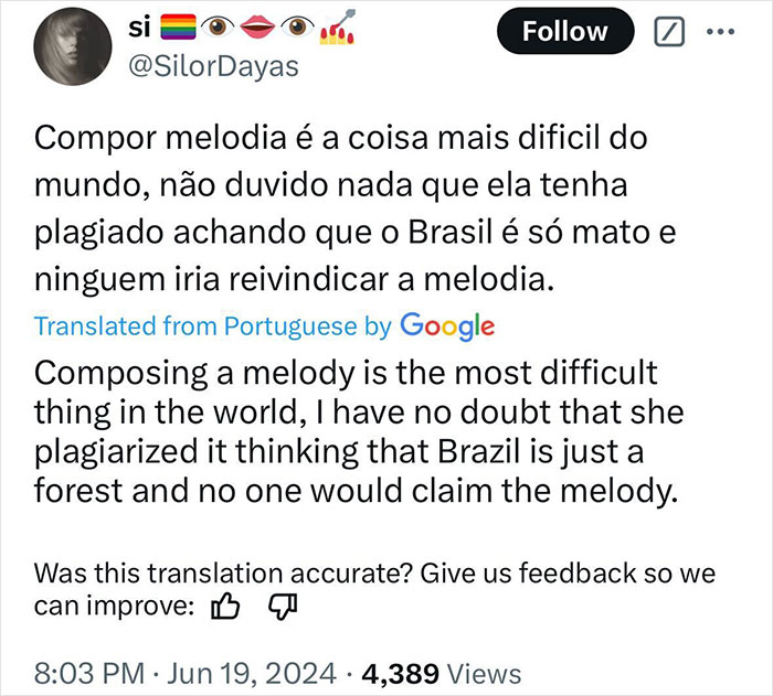 Tweet discussing plagiarism claim involving Adele song and Brazilian melody.