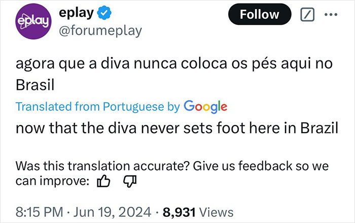 Tweet about Adele song facing plagiarism claim in Brazil, with translation asking if the diva will never visit Brazil.