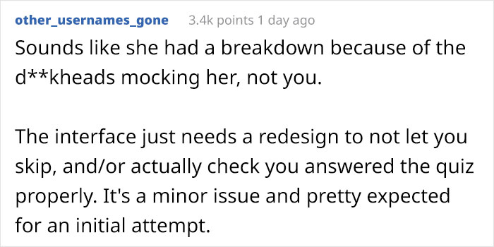 Reddit comment discussing HR director's mental breakdown due to others, suggesting interface redesign to avoid quiz issues.