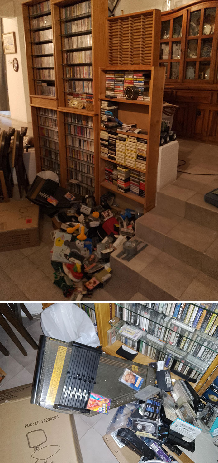 Messy living room with scattered cassette tapes after Christmas accident.