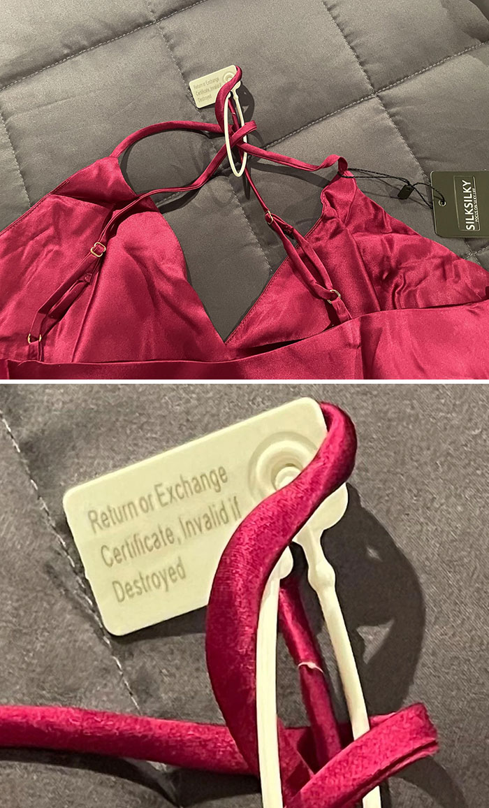 Red silk dress with security tag and warning label, highlighting Christmas accidents with returns.