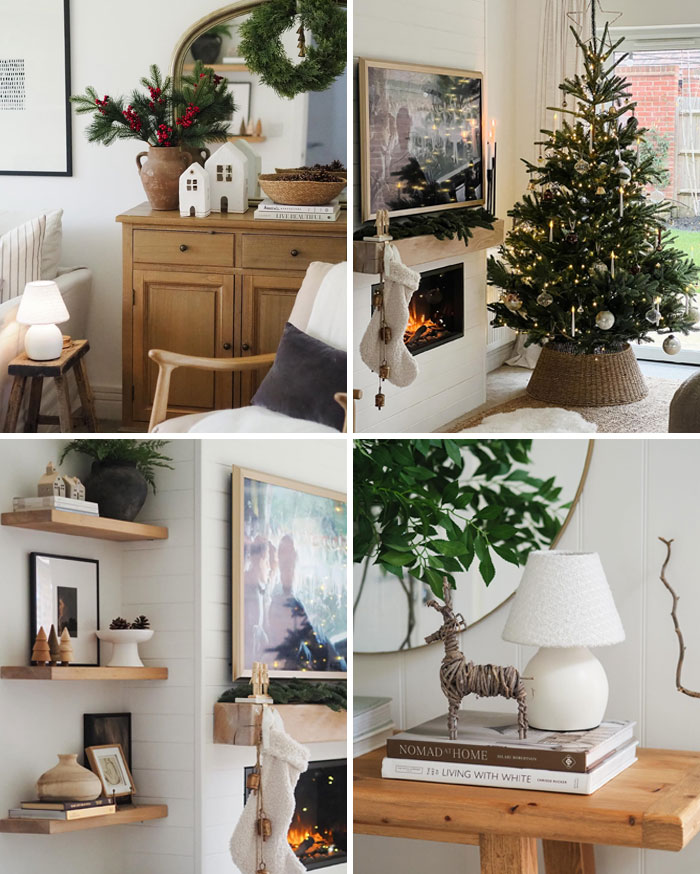 Cozy living room with festive Christmas decorating ideas, including a tree, wreath, and holiday-themed decor on shelves.