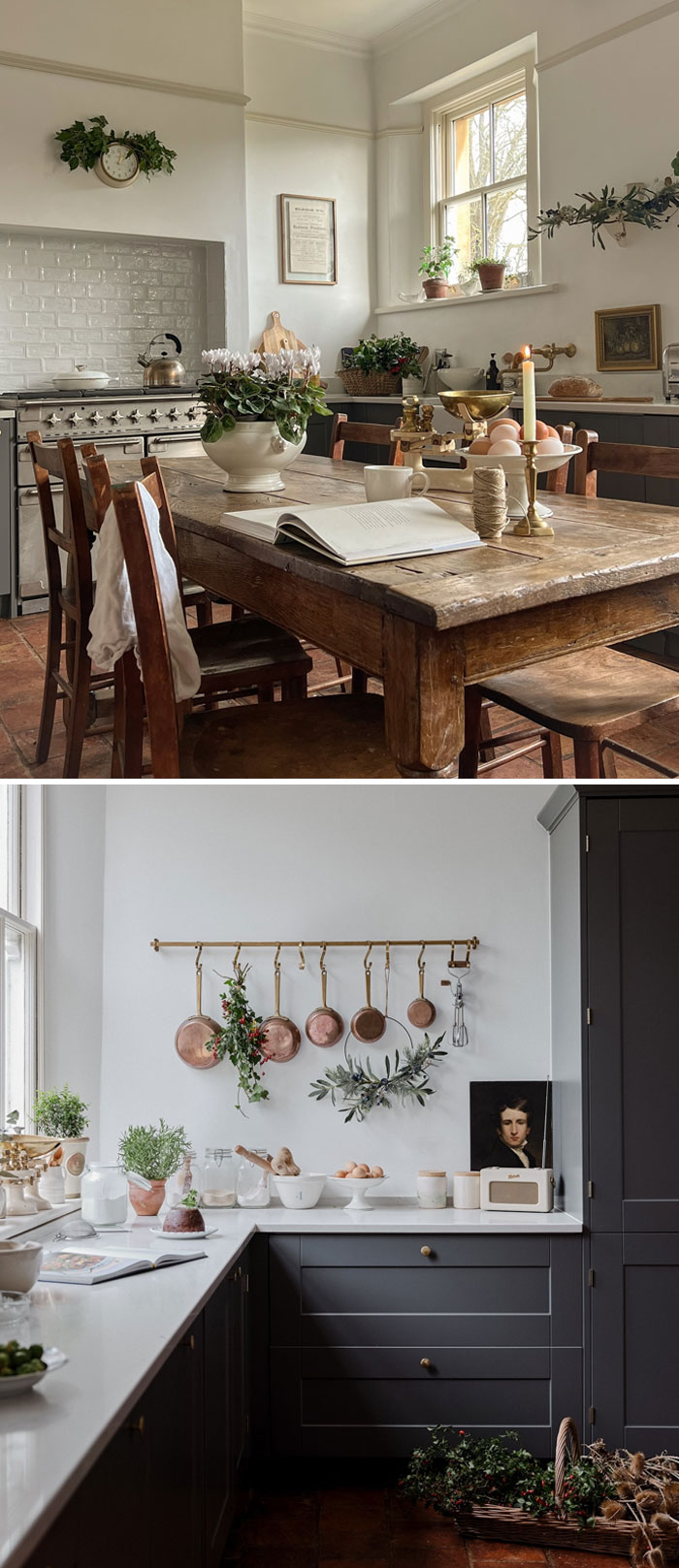 Christmas decorating ideas in a rustic kitchen with greenery, candles, and festive accents.