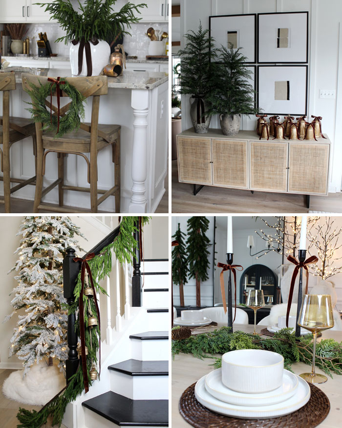 Festive Christmas decorating ideas with wreaths, greenery on stairs, and elegant table settings in a cozy home.