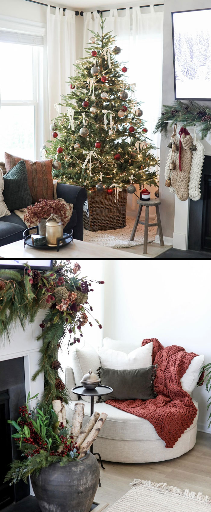 Christmas decorating ideas with a festive tree and cozy living room accents, featuring stockings and rustic decor.