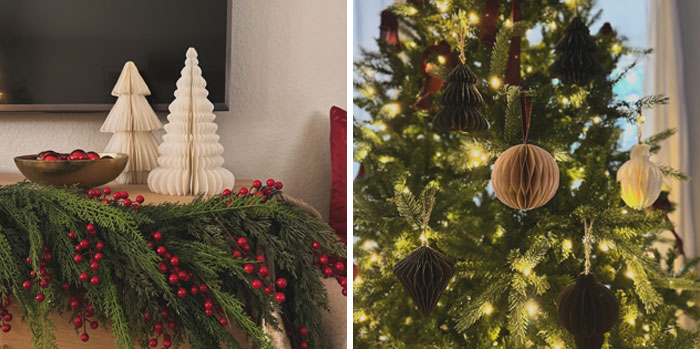 Festive Christmas decorating ideas with pine garland, berries, and illuminated tree ornaments.