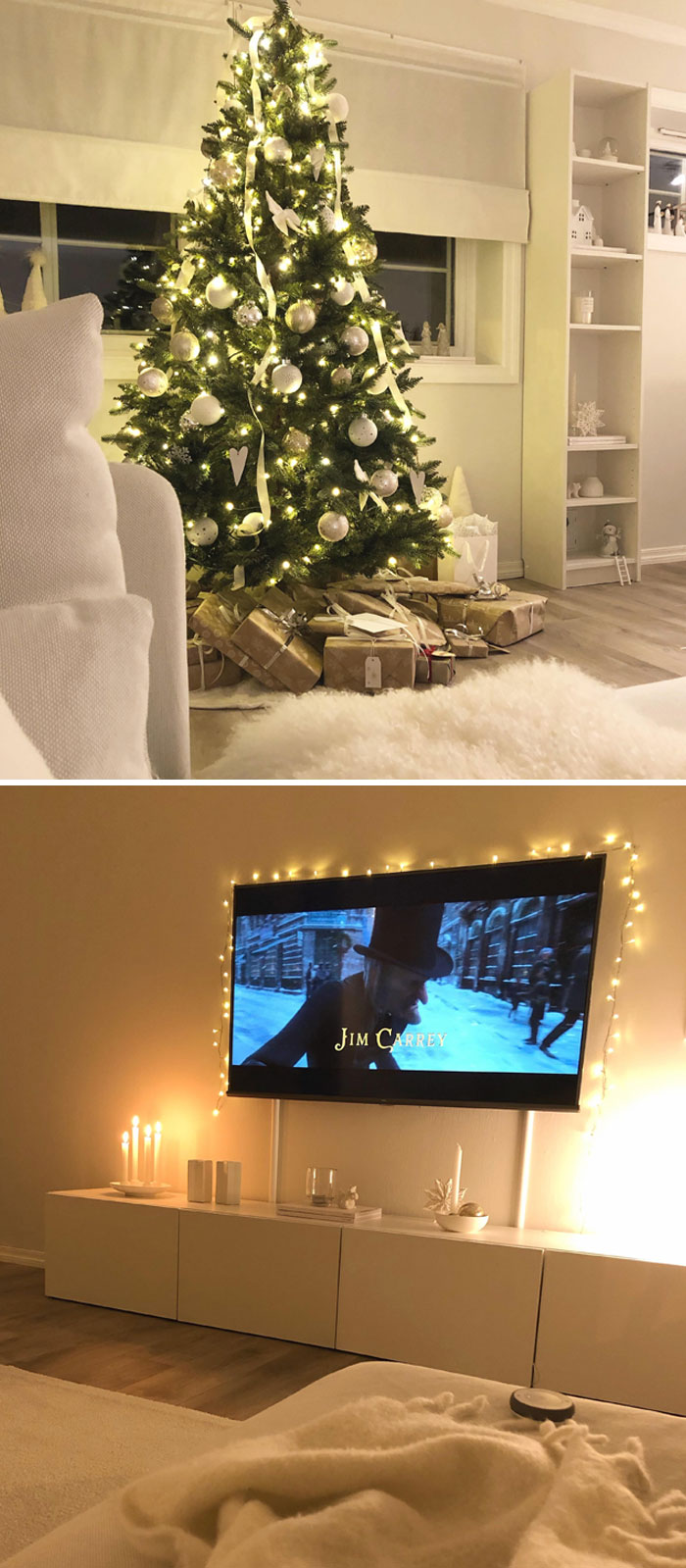 Christmas-decorating-ideas: Decorated tree with lights and ornaments, gifts underneath, and holiday movie on TV with string lights.