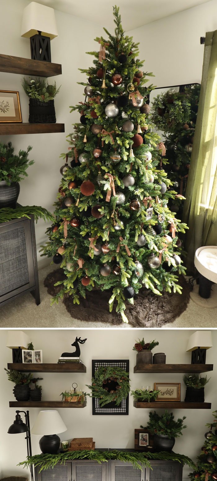 Christmas-decorating-ideas with a beautifully adorned tree and festive shelves in a cozy living room setting.