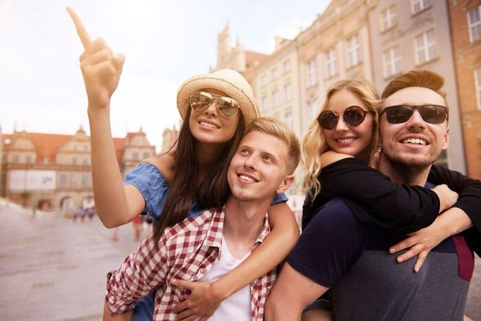 Group of friends enjoying a day out together, symbolizing aspects of aging.