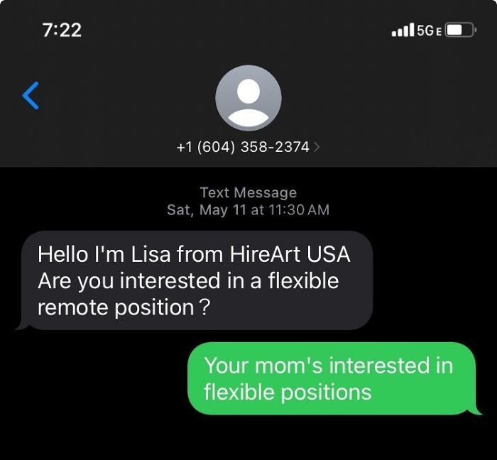 Text messages with a scam text response about a flexible remote position.