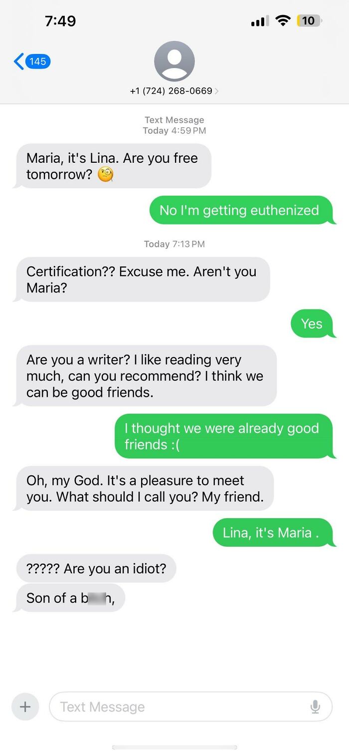 Text exchange highlighting humorous scam-text responses with emojis and witty replies.