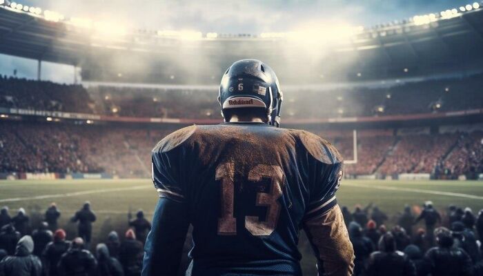 Football player number 13 in a stadium, contemplating the game under dramatic lighting, with a large crowd watching.