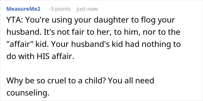 Reddit comment criticizing a mom for refusing to accommodate an affair baby, saying it's unfair and suggesting counseling.