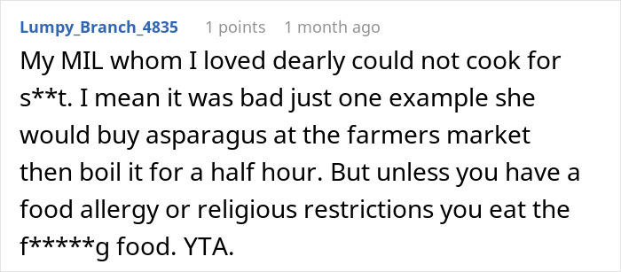Text discussing MIL's cooking skills and expectations about eating her food, mentioning asparagus and restrictions.