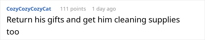 Reddit comment joking about returning early Christmas gifts and buying cleaning supplies.