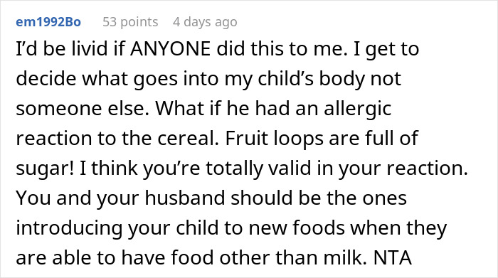 Comment discussing a woman's decision to control what her baby eats, emphasizing parental rights and introducing new foods.