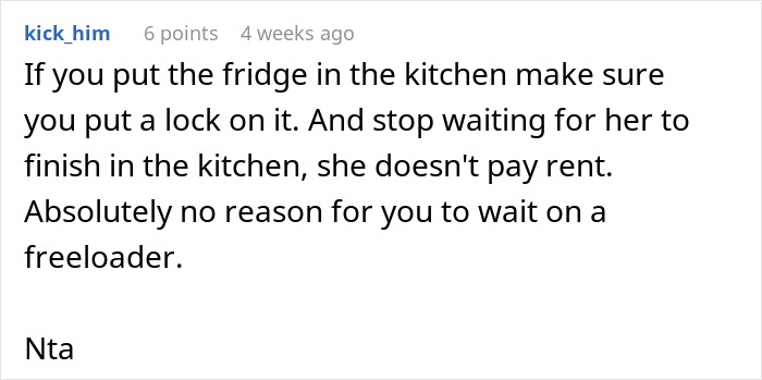 Comment advising guy on awkward living situation with girlfriend who moved in, suggesting locking fridge due to her not paying rent.