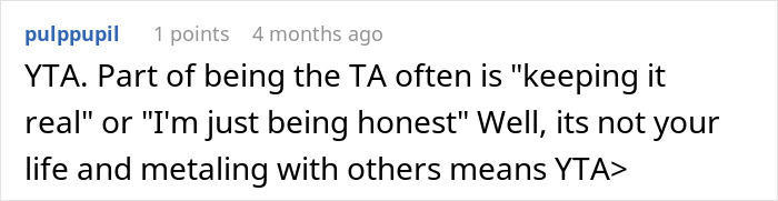 Reddit comment calling someone out for meddling in others' lives, using "YTA" abbreviation.