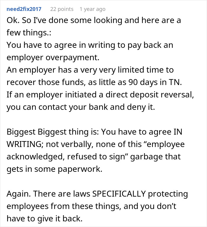 Text discussing employer overpayment, agreeing in writing, and legal protections for employees.