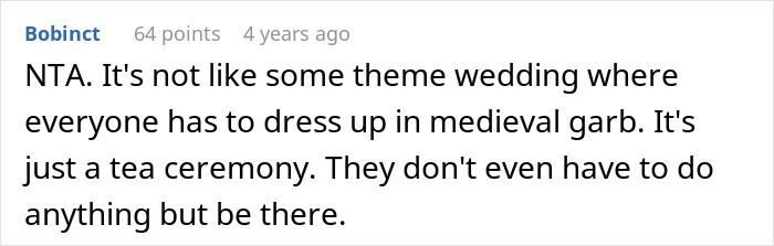 Reddit comment discussing a bride's decision to exclude parents from a wedding due to fiancé's traditions.