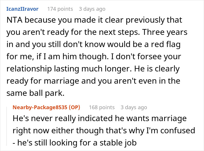 Reddit comments discussing relationship readiness and public proposals.