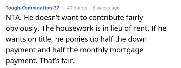 Reddit comment on partner housework exchange, discussing rent and contribution fairness.