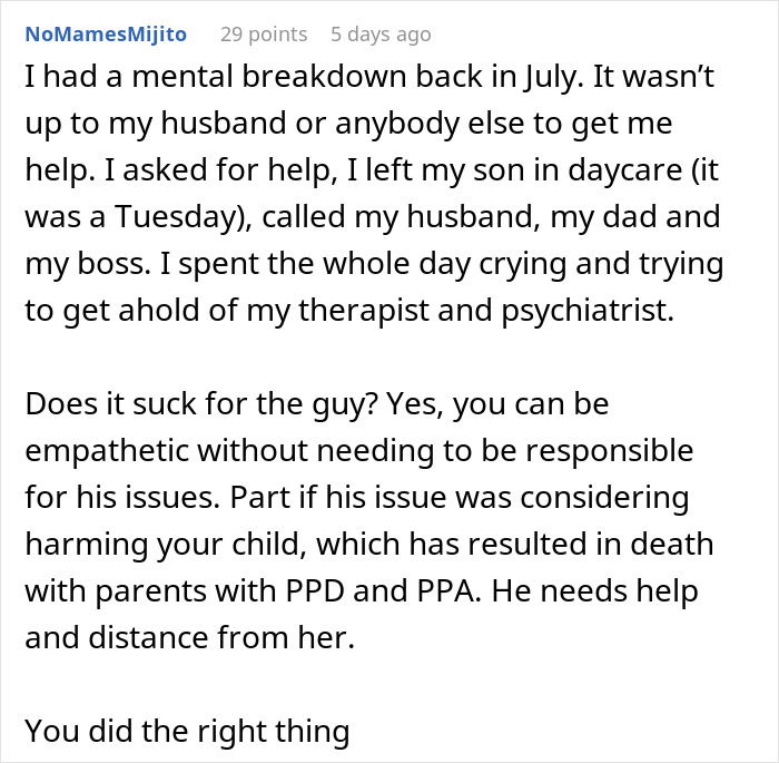 Reddit comment discussing mental health and parental responsibilities in challenging situations.