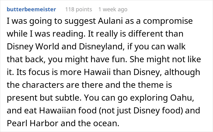 Reddit comment suggesting a trip to Aulani, Hawaii as a compromise for frequent Disney trips. 