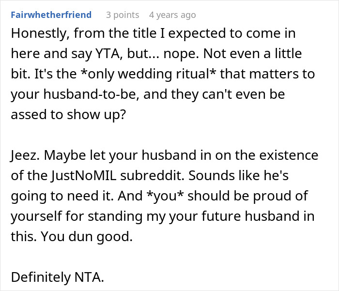 Reddit comment about a bride banning parents from her wedding due to mocking fiancé's tradition.