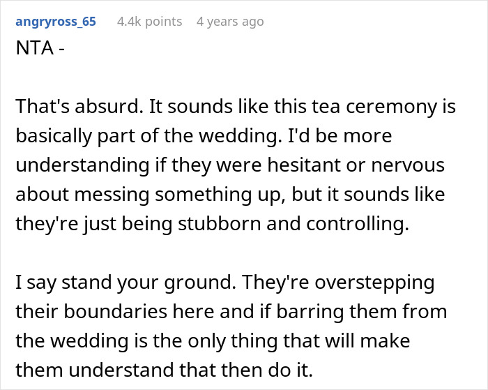 Reddit comment discussing a bride banning parents from wedding due to mocking fiancé's tradition.