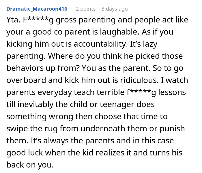 Text critique on parenting, discussing accountability and actions like kicking out a teenager for sexist beliefs.