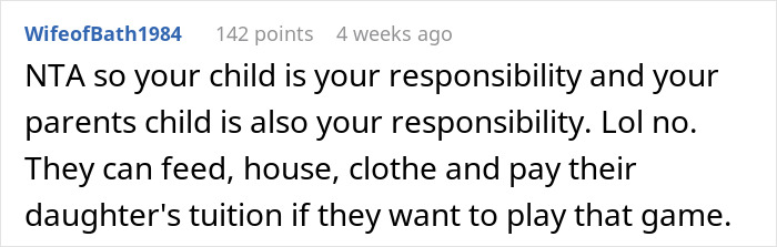 Reddit comment on refusing to pay sister's college with a toddler's concussion.