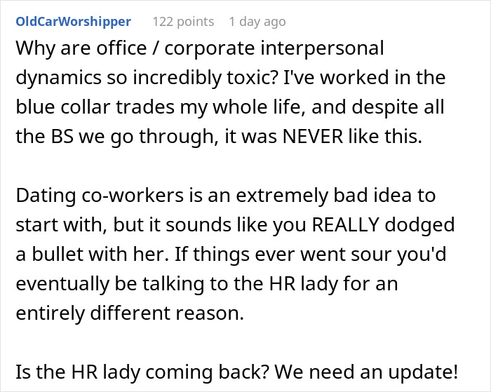 Text highlights toxic corporate dynamics and HR issues, discussing workplace relationships.